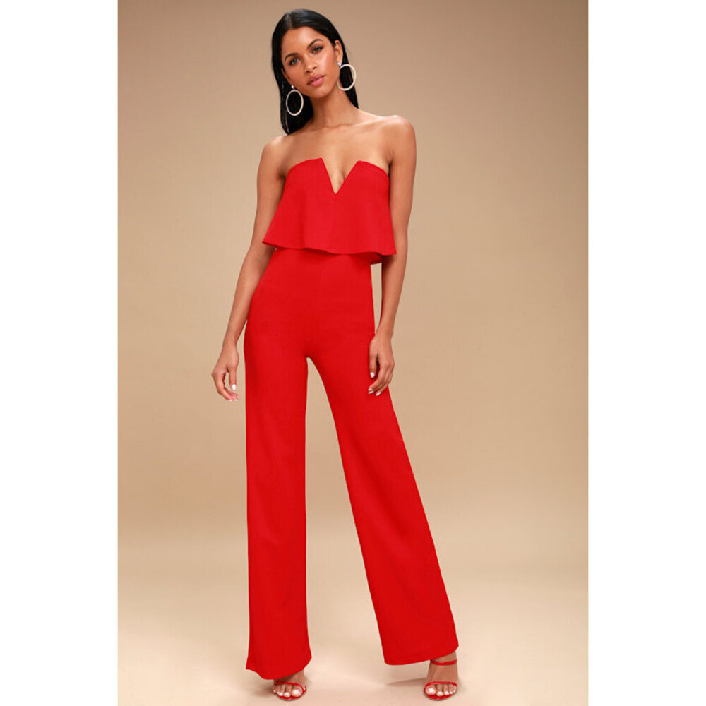 Lulu's Red Strapless Wide-Leg Jumpsuit
